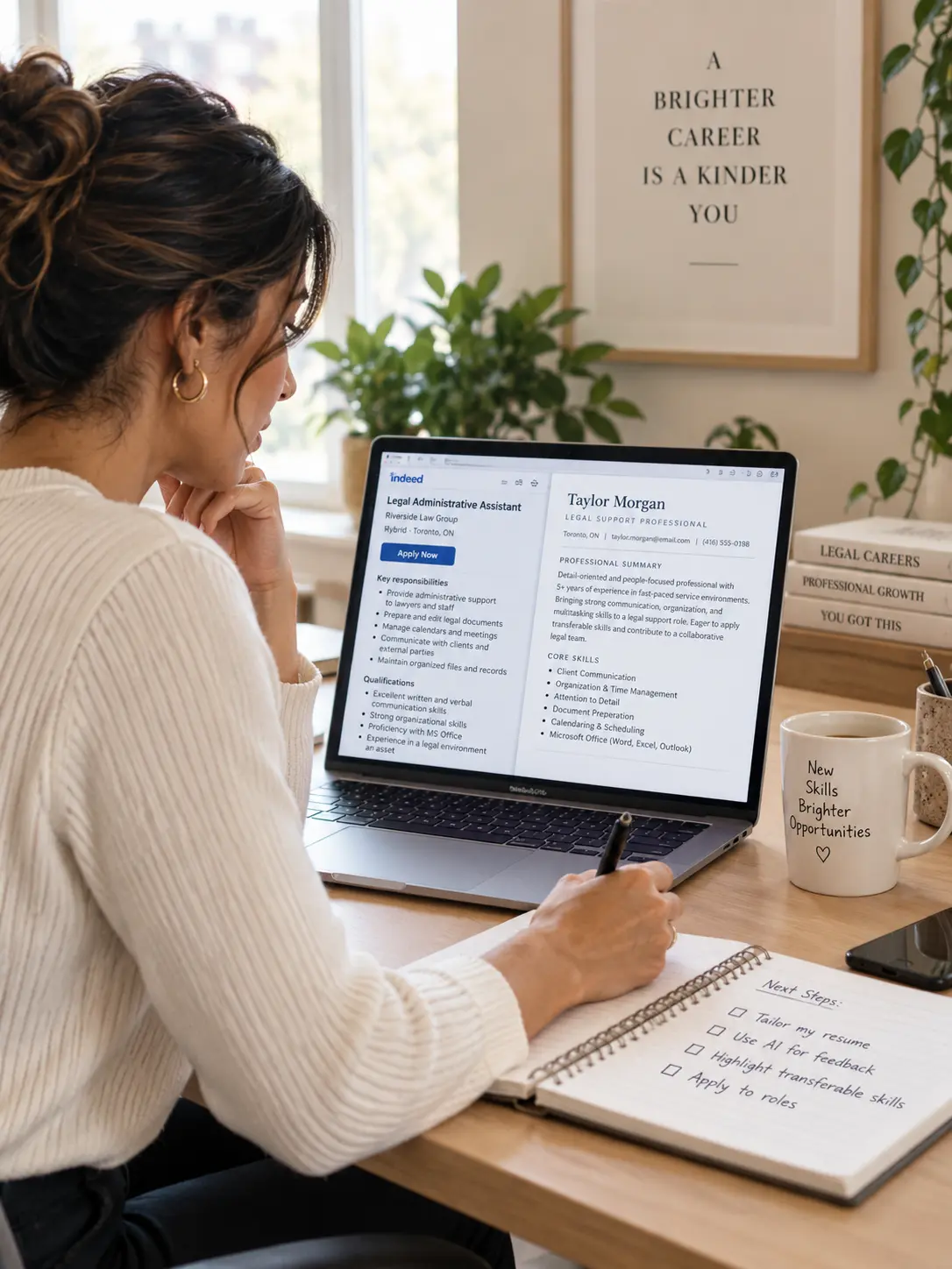 A legal support resume beside a job posting on a laptop