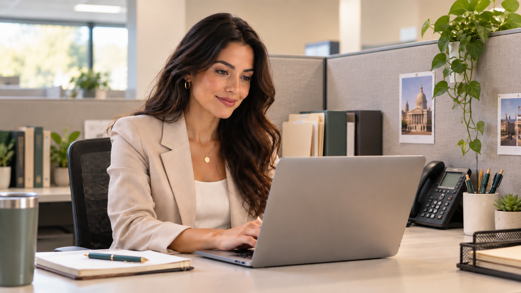 A legal support professional working at her desk in a law office