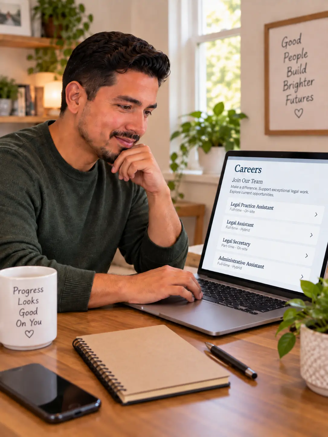Browsing legal support job openings on a law firm careers page