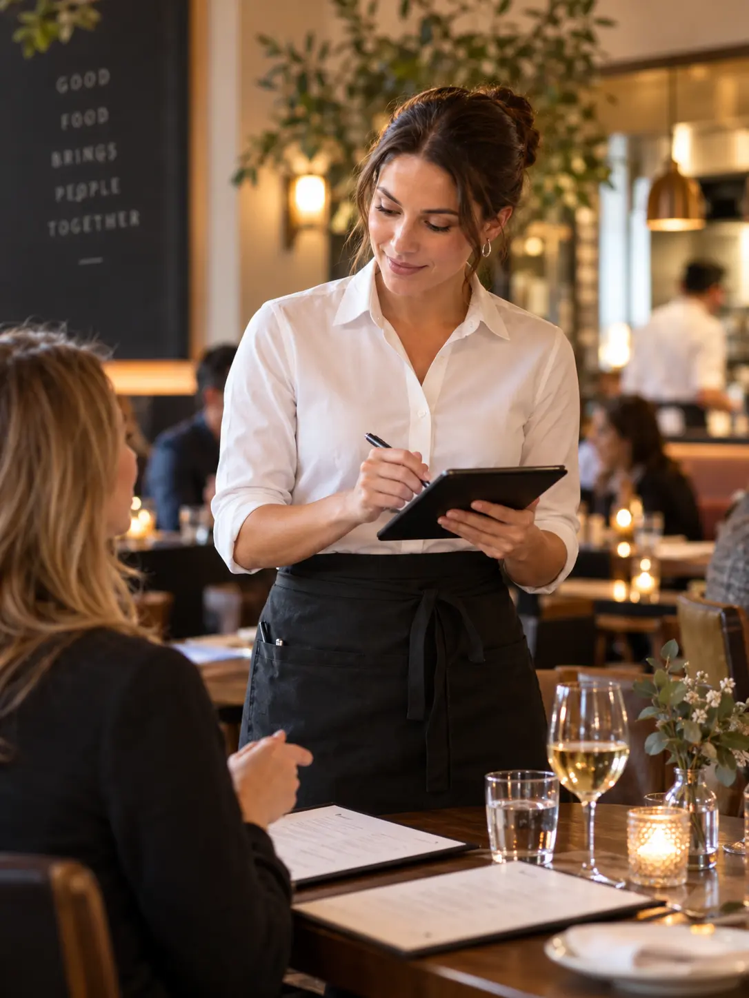 A server taking an order in a busy restaurant