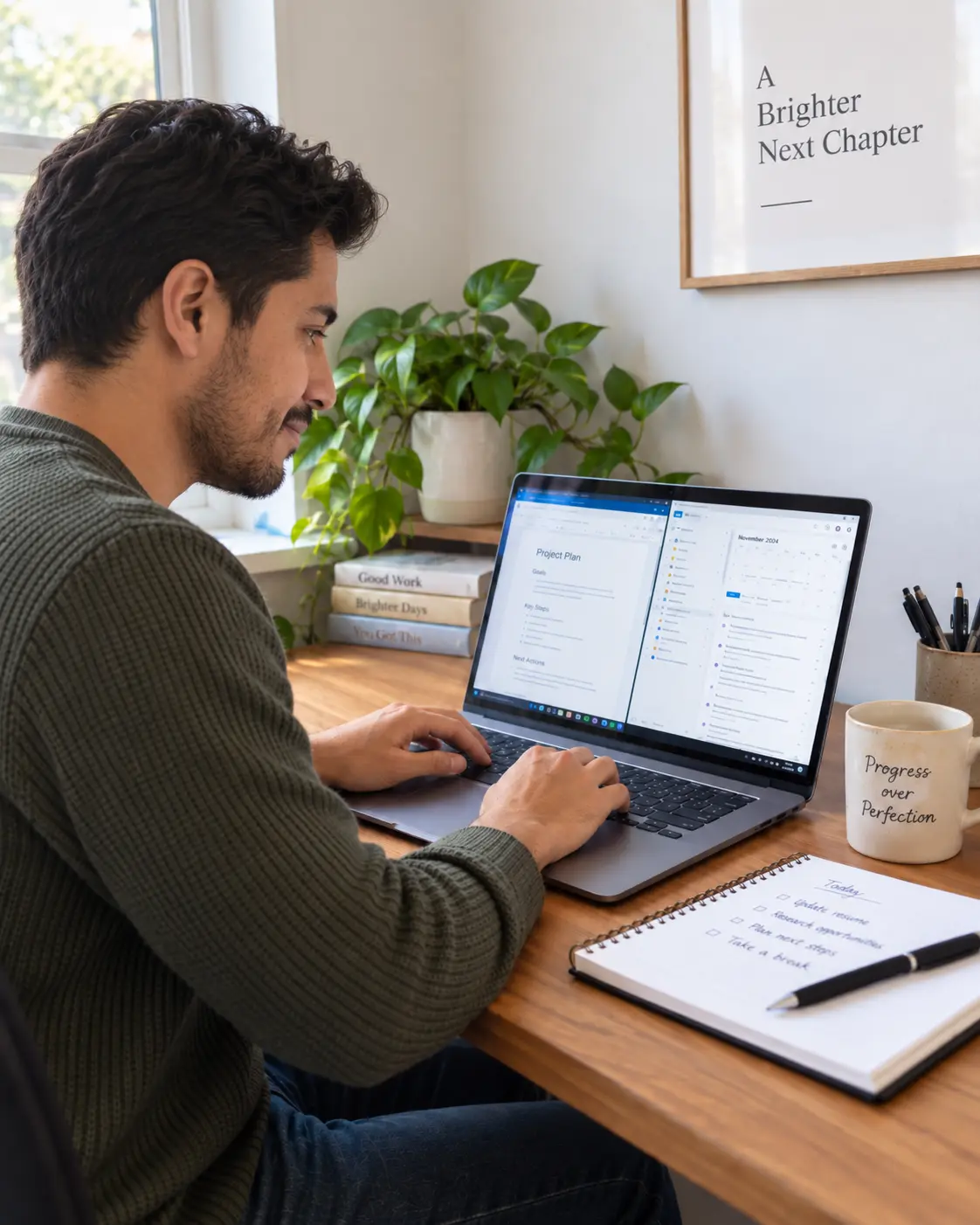 Working in documents and a calendar side by side on a laptop