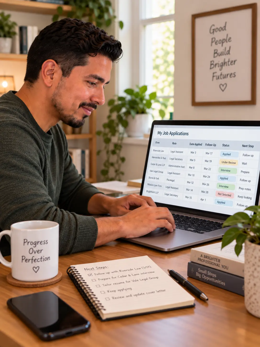 A job seeker tracking applications in a spreadsheet on a laptop